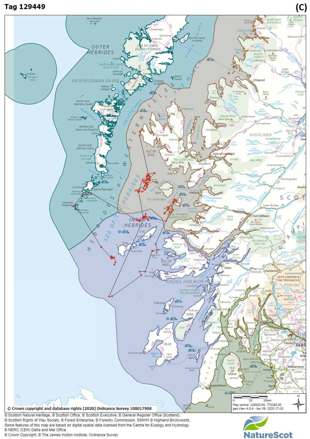 Figure 3: Site fidelity – maps A to D show individual basking shark surface locations from satellite tags deployed during 2012, 2013 or 2014.