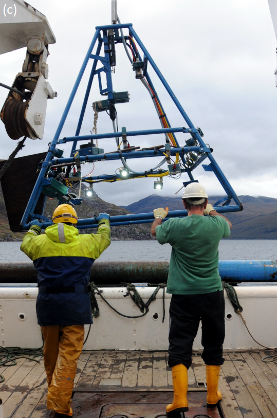 A camera system being deployed from research vessel Alba na Mara in the Minch in 2014. © NatureScot / Marine Scotland.