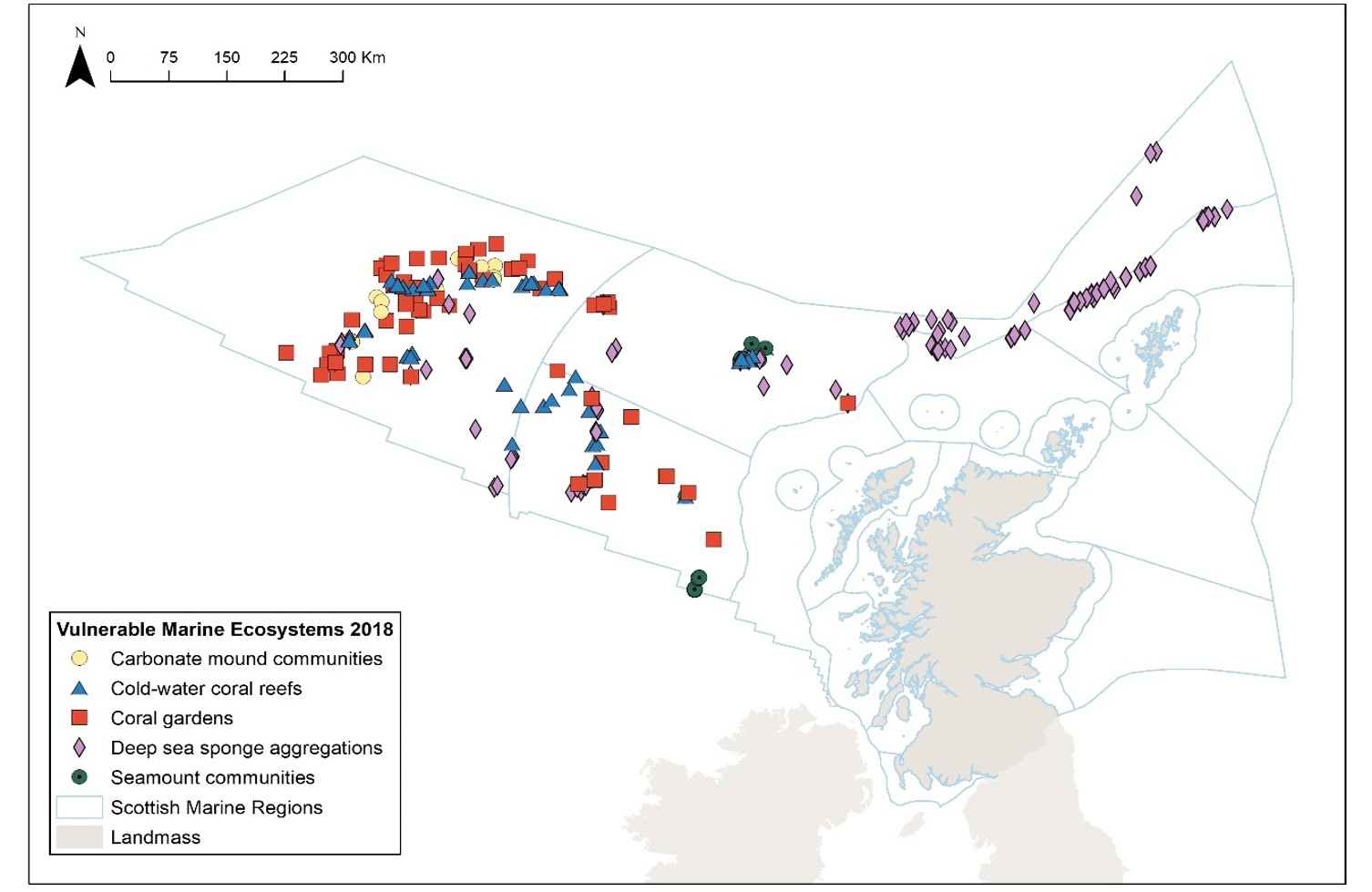 Figure 8. The known extent and distribution of Vulnerable Marine Ecosystems across the deep-waters around Scotland as of 2018 (GeMS: 2018). 