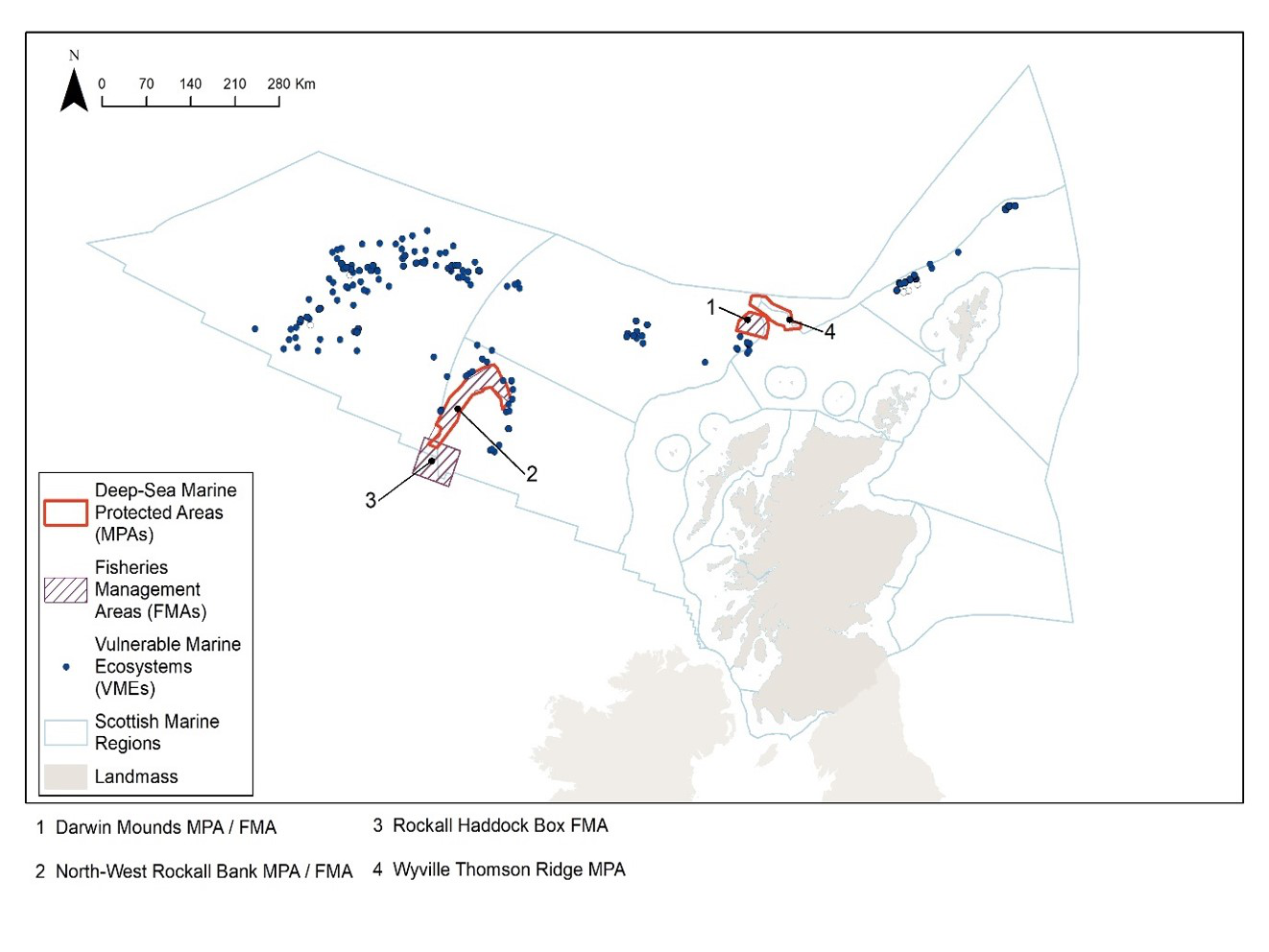 Figure 9. Distribution of Deep-sea Marine Protected Areas (MPAs) and Vulnerable Marine Ecosystems (VMEs) in Scottish waters in 2011 and the Fisheries Management Areas in place.