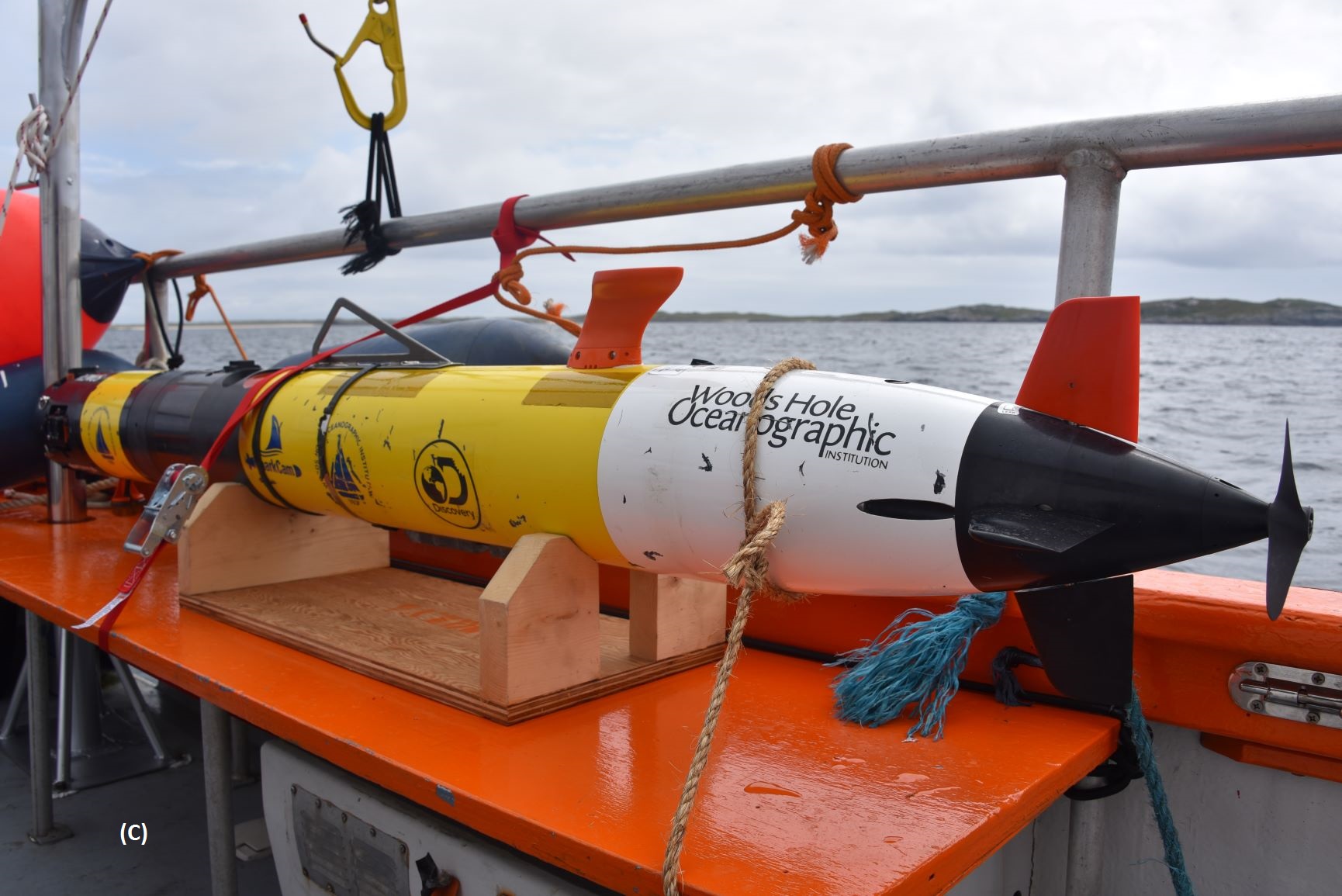 Figure 5: C. The AUV on board vessel before being deployed. © Amy Kukulya, Oceanographic Systems Lab, WHOI.