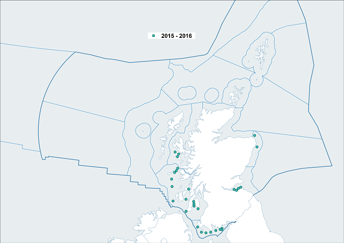 Figure a3: Location of sea surface microplastic sampling winter 2015/2016 for the Scottish Marine Regions (SMRs) and the Offshore Marine Regions (OMRs).