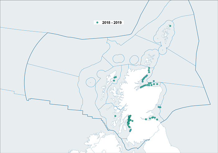 Figure a6: Location of sea surface microplastic sampling winter 2018/2019 for the Scottish Marine Regions (SMRs) and the Offshore Marine Regions (OMRs).