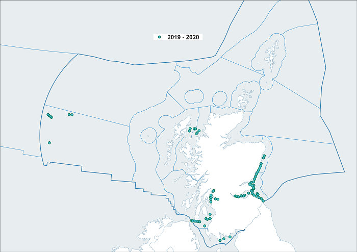 Figure a7: Location of sea surface microplastic sampling winter 2019/2020 for the Scottish Marine Regions (SMRs) and the Offshore Marine Regions (OMRs).
