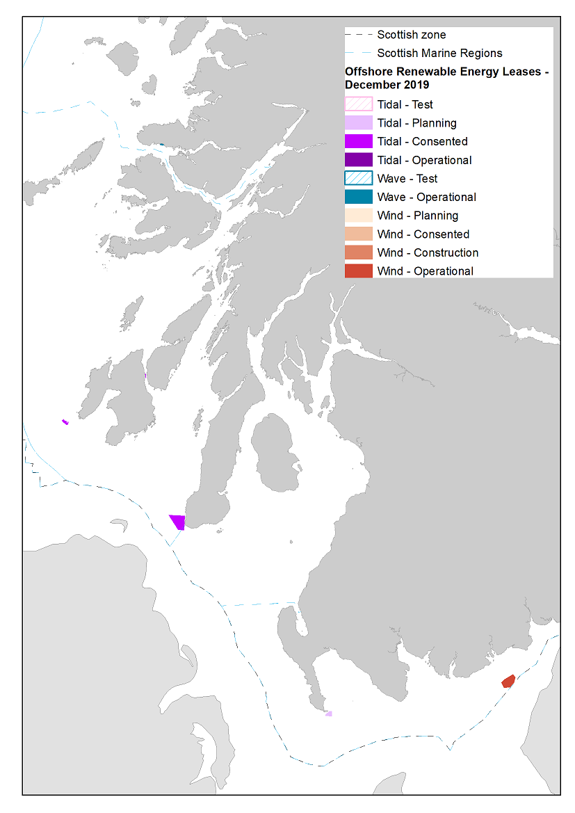 Figure b: Location of wind, wave and tidal sites in the west coast in relation to Scottish Marine Regions / Offshore Marine Region. Based on Crown Estate Scotland leases December 2019.