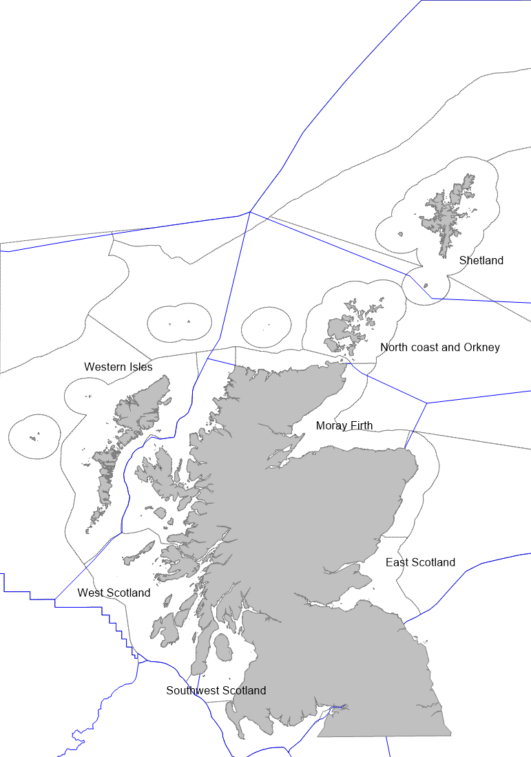 Seal Management Areas (blue lines) and Scottish Marine Regions (grey lines).