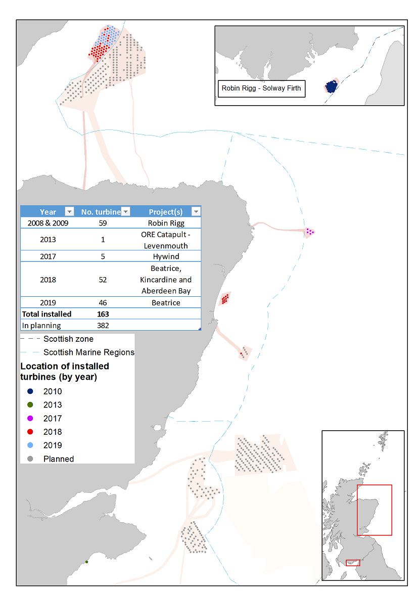 Figure e: depicts the locations of offshore wind project leases, the individual turbines and those still in planning (and subject to change).