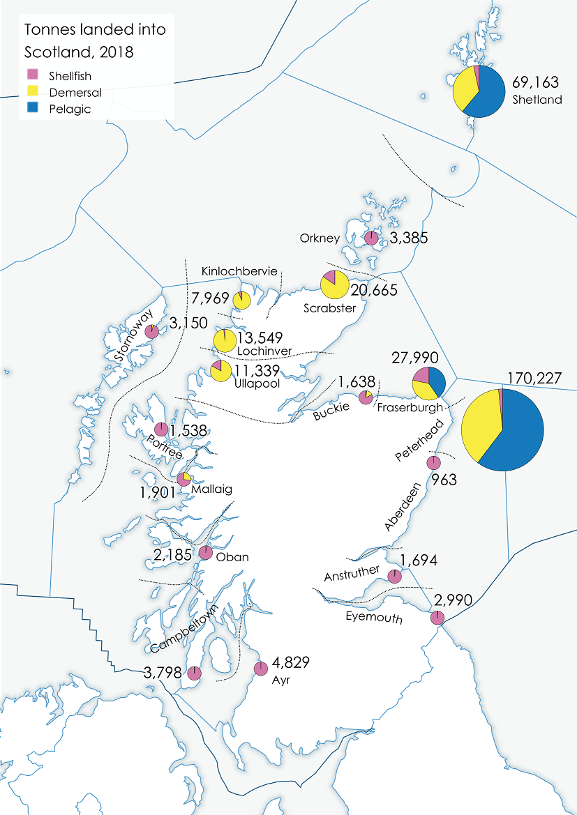 Figure 2: Tonnage landed into Scotland by all vessels by sea fishery district (black lines) and species type, 2018. Scottish Sea Areas (blue lines) added for context. Source: Marine Scotland, Scottish Sea Fisheries Statistics. Scottish Government (2019 a)