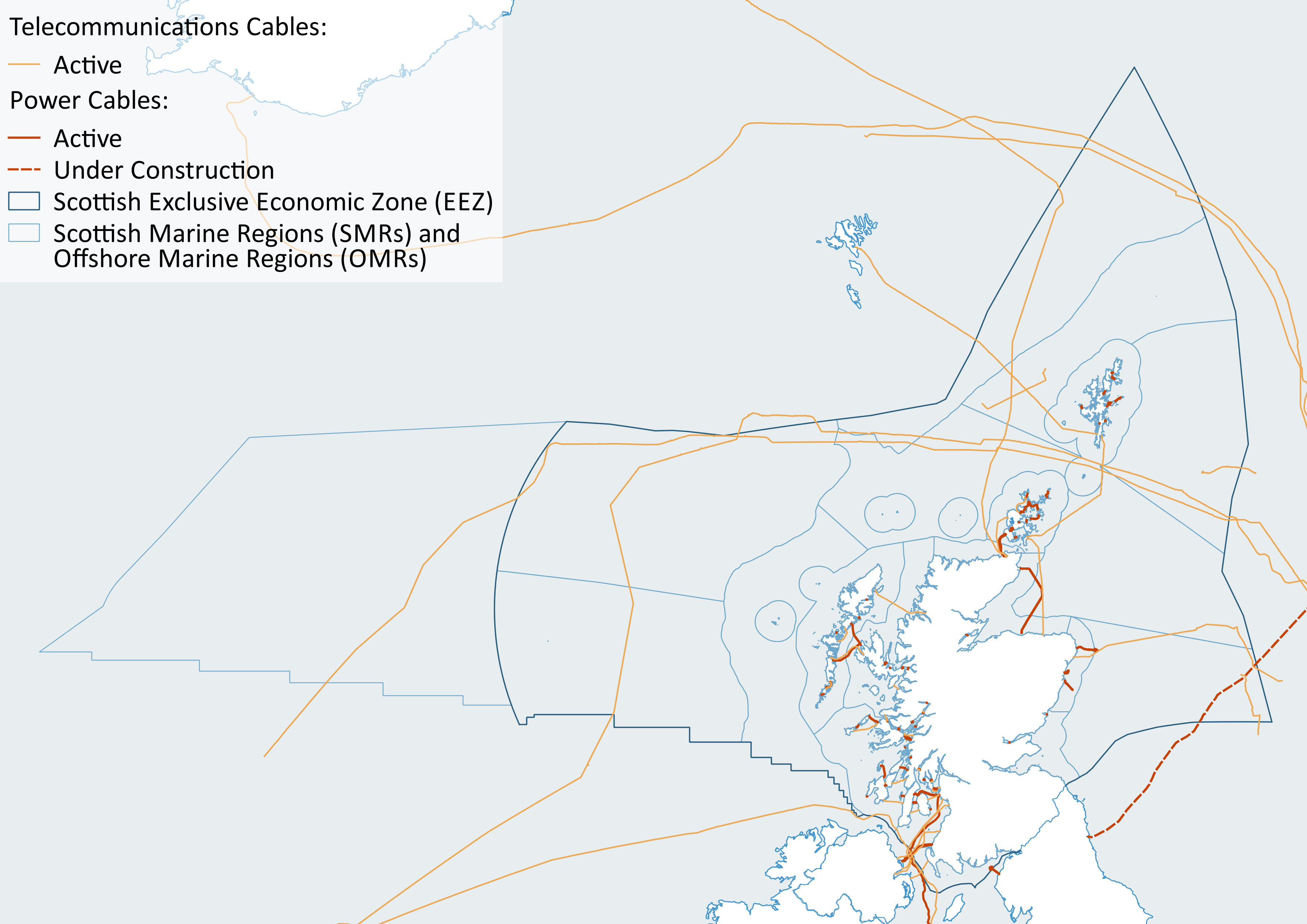 Figure 1: Active and under construction telecommunications and power cables in Scottish seas (July 2019). Source: KIS-ORCA / NMPi.