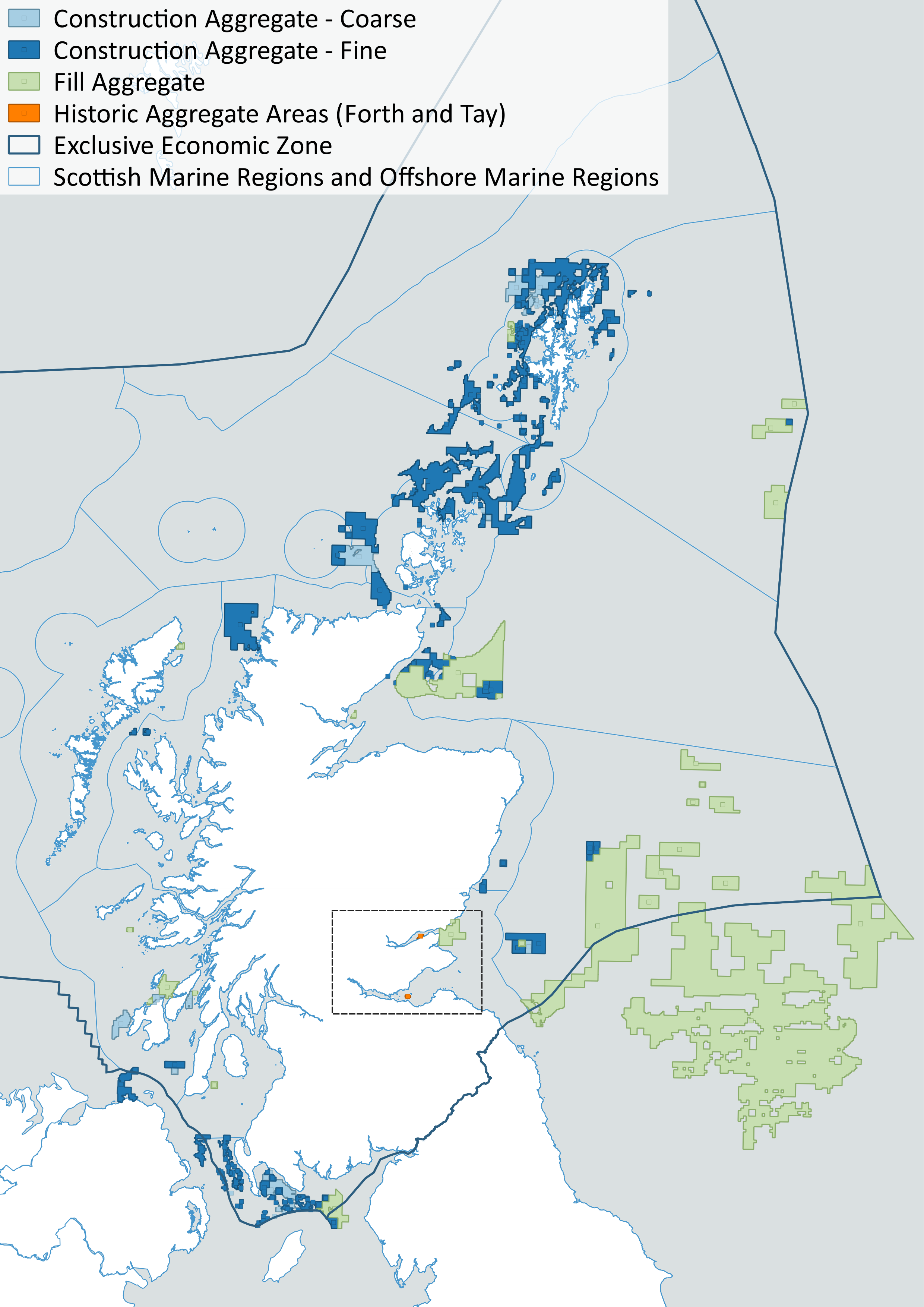 Figure 2: Sand (fine) and gravel (coarse) resources of the Scottish waters and central North Sea area. Source: Marine Scotland and The Crown Estate.