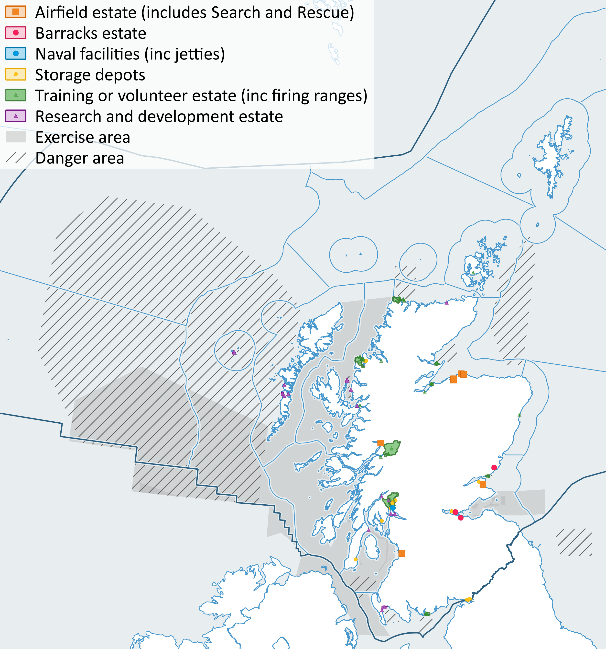 Figure 1: Military activity areas around Scotland’s coast with Scottish Marine Regions and Offshore Marine Regions.