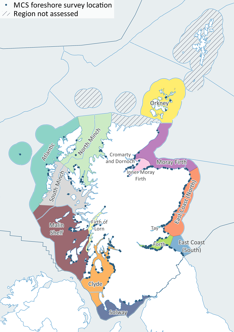 Figure 2: Map showing location of all Marine Conservation Society (MCS) foreshore surveys (point symbols), arranged in 15 sub-regions (indicated by different colours).