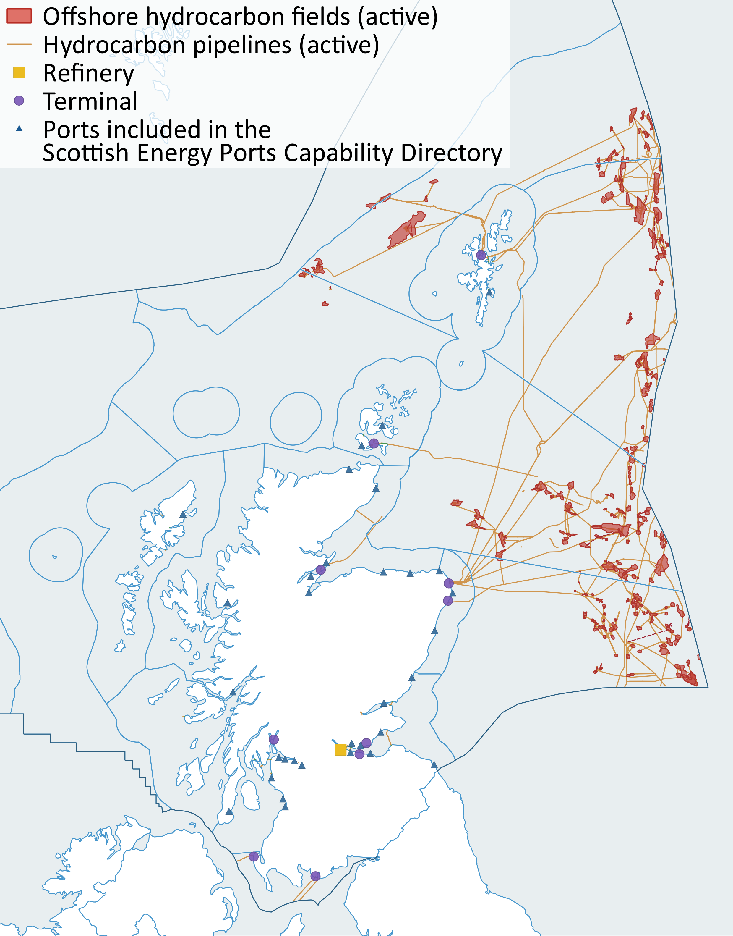 Figure 2: Map of active offshore hydrocarbon fields, pipelines and main coastal infrastructure with Scottish Marine Regions and Offshore Marine Regions. Source: OGA, Ocean Wise and Scottish Energy Ports Capability Directory.
