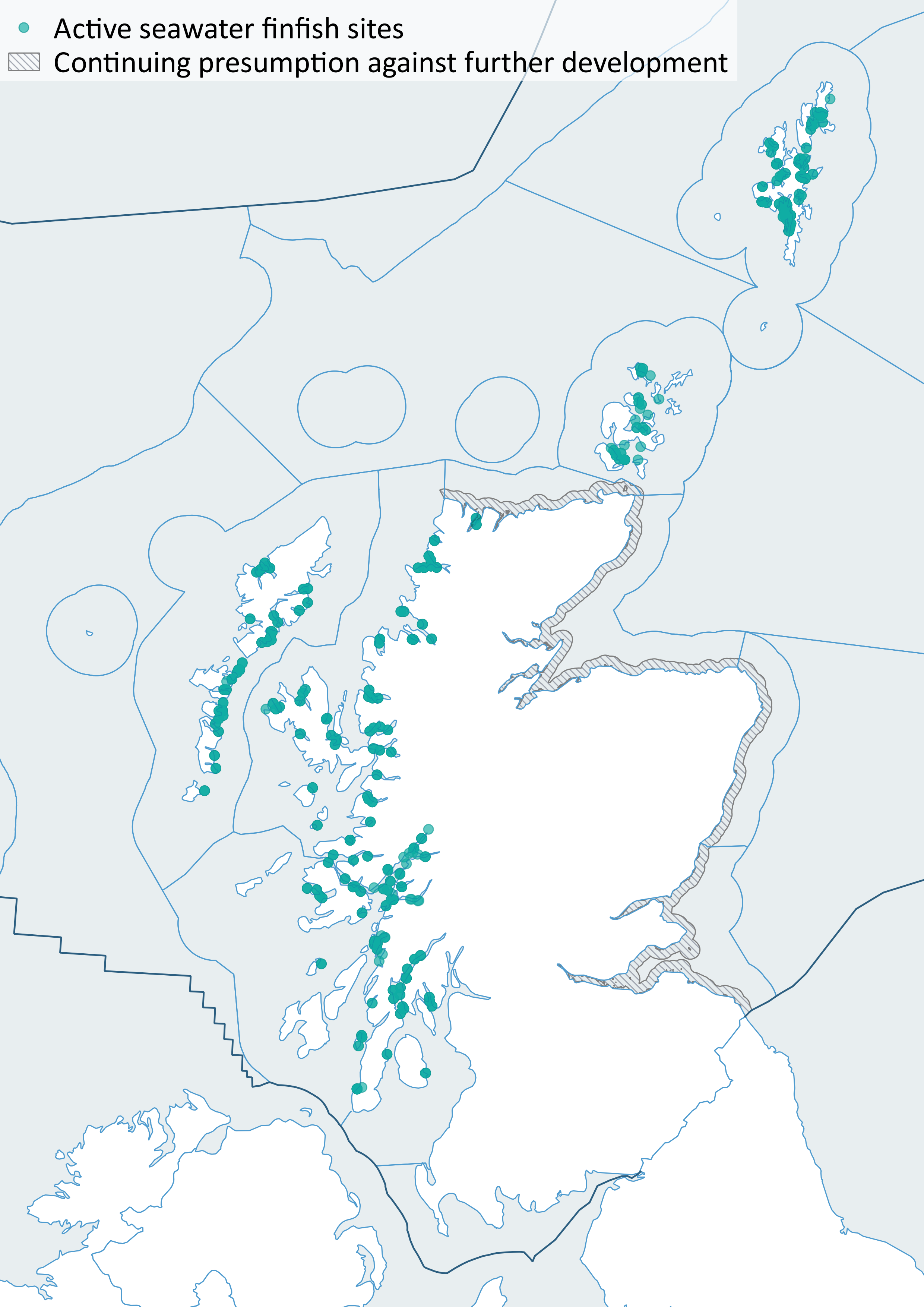 Figure 3: Active aquaculture finfish sites November 2019 (showing Scottish Marine Regions). Source: Marine Scotland. Note: Land based seawater tank facilities, used for R&D purposes, have been omitted.