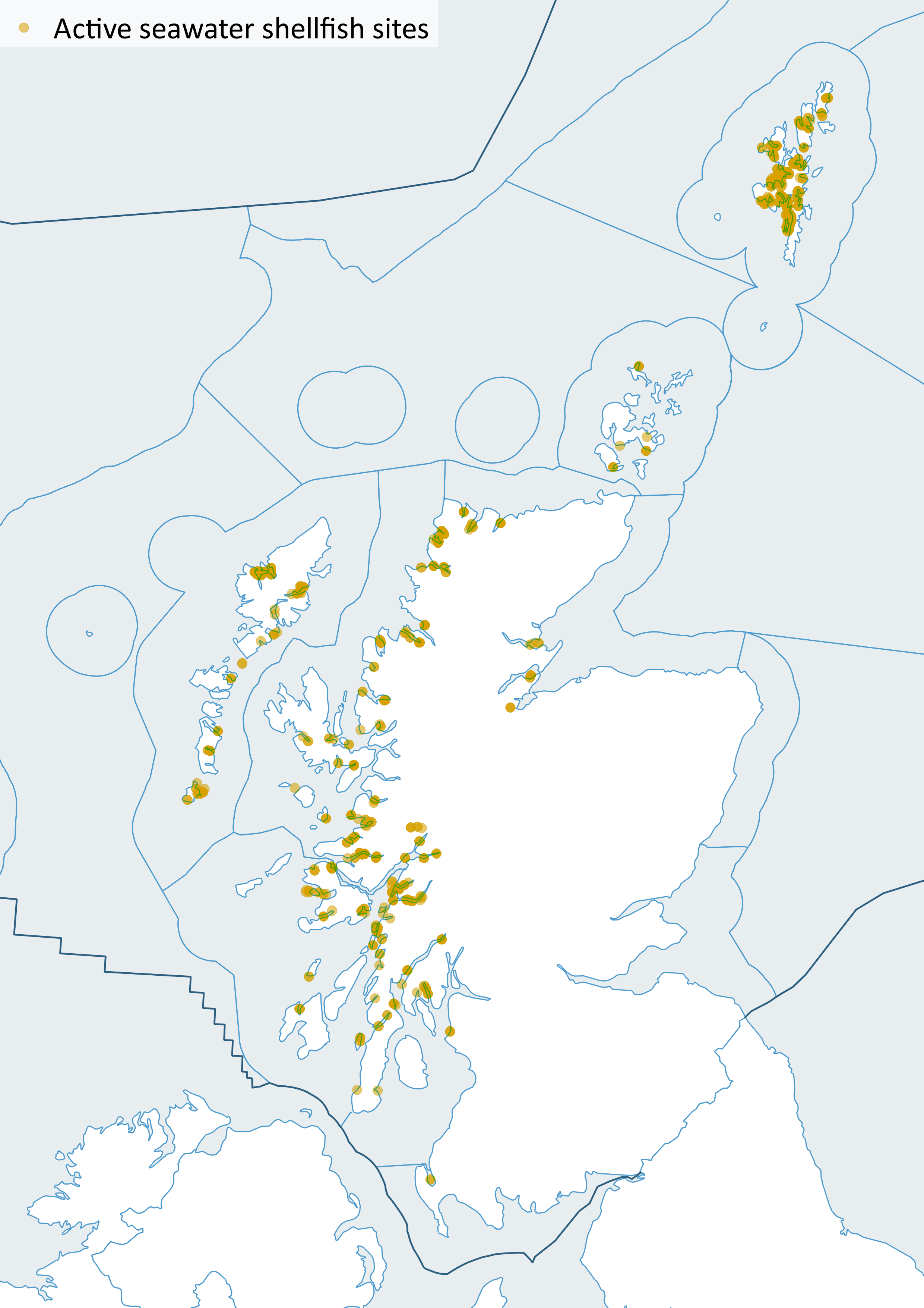 Figure 4: Active aquaculture shellfish sites November 2019. (showing Scottish Marine Regions). Source: Marine Scotland. Note: Land based seawater tank facilities, used for R&D purposes, have been omitted.