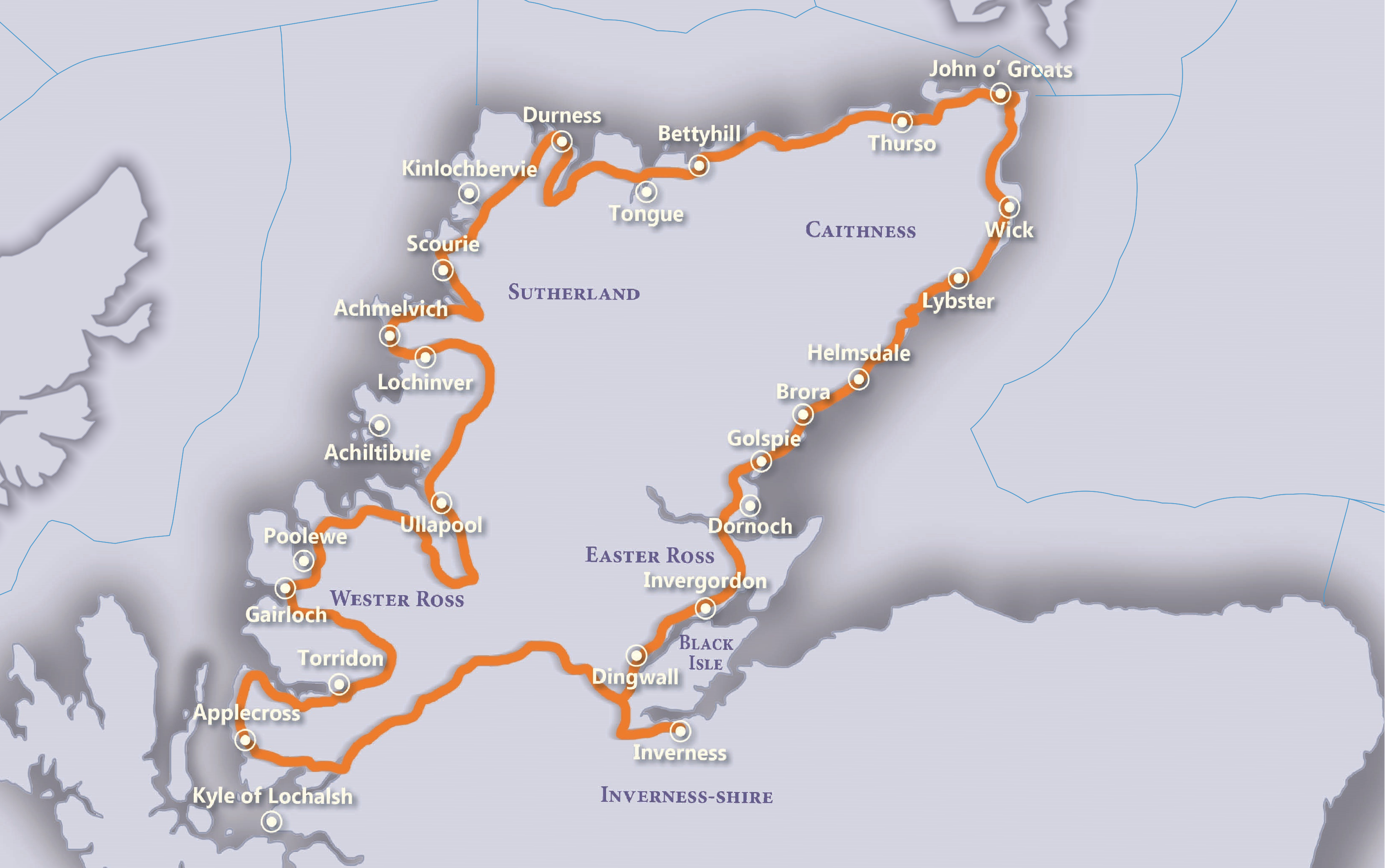 Figure 3: North Coast 500 passes alongside three Scottish Marine Regions. © 