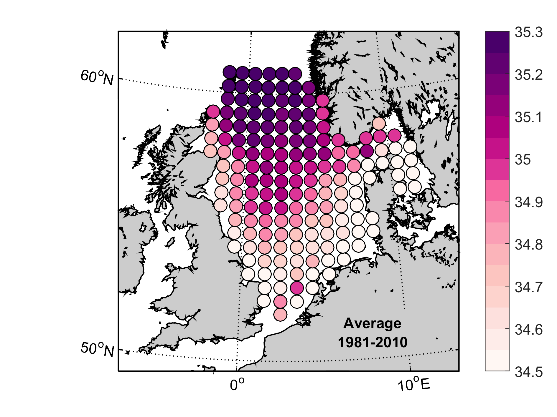 Figure  A: Mean near-bed salinity from IBTS winter-time surveys in the North Sea during the 1981 to 2010 climatological base period.