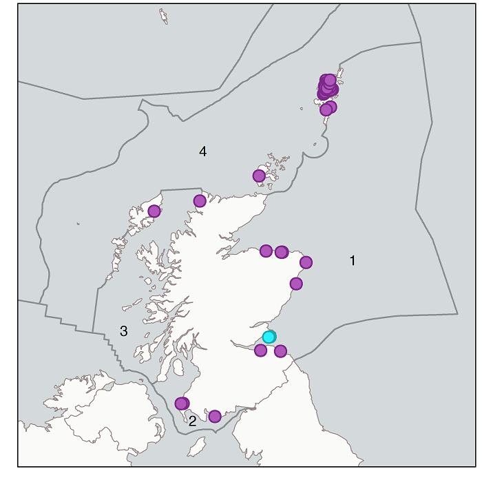 Figure 2: Monitoring stations included in the imposex status and trend assessments in dog whelk populations per biogeographic region
