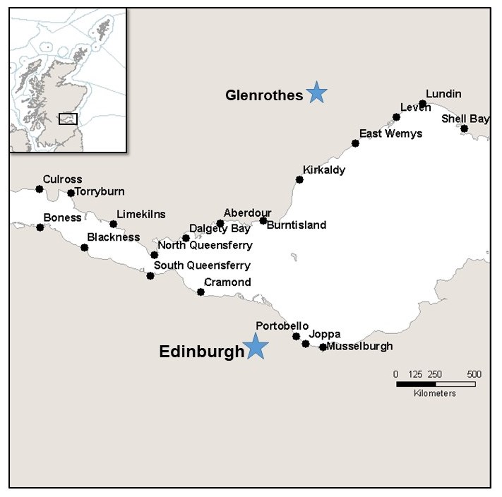 Figure 1: Location of sample sites (n=19) along the Firth of Forth coastline. Insert map shows the study area (black rectangle).