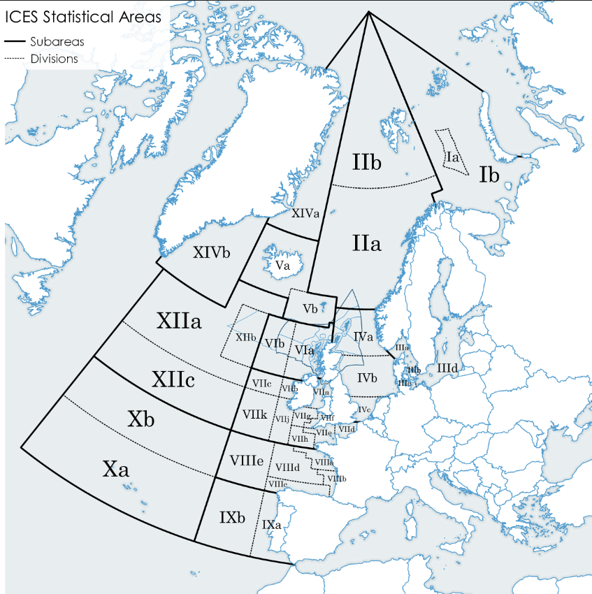 ICES map of fisheries areas. The study areas include VIIE, VIID