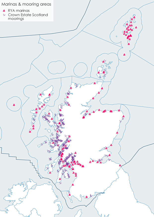 Figure b. Marinas and mooring areas (showing Scottish Marine Regions and Offshore Marine Regions).