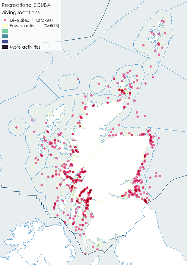 Figure e: Recreational SCUBA diving locations (showing Scottish Marine Regions and Offshore Marine Regions).
