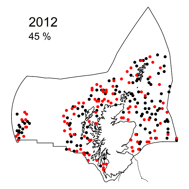 Figure d1: Observed presence (red dots) or absence (black dots) of litter in Scottish Zone (outer boundary) sea-floor trawls for 2012