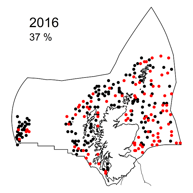 Figure d5: Observed presence (red dots) or absence (black dots) of litter in Scottish Zone (outer boundary) sea-floor trawls for 2016