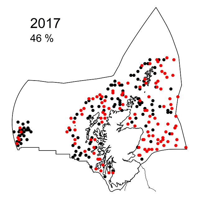 Figure d6: Observed presence (red dots) or absence (black dots) of litter in Scottish Zone (outer boundary) sea-floor trawls for 2017