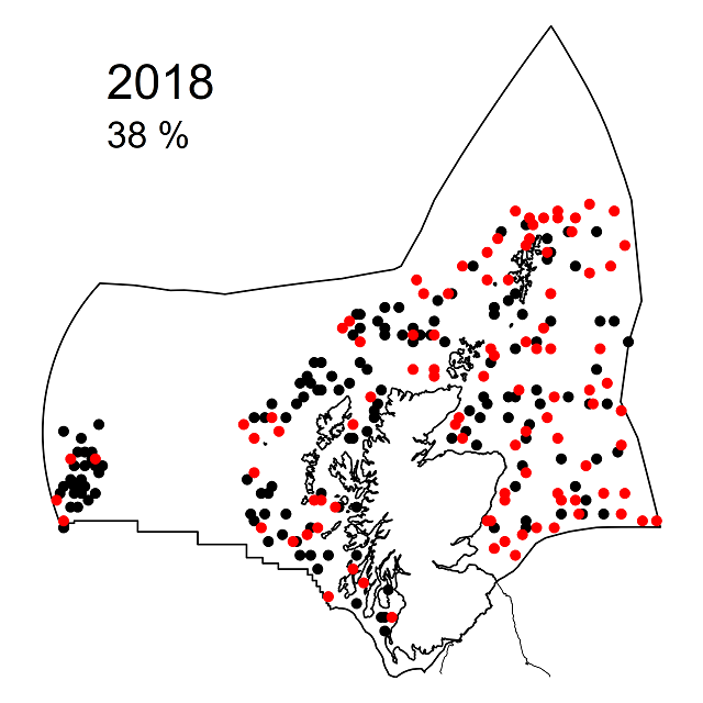 Figure d7: Observed presence (red dots) or absence (black dots) of litter in Scottish Zone (outer boundary) sea-floor trawls for 2018