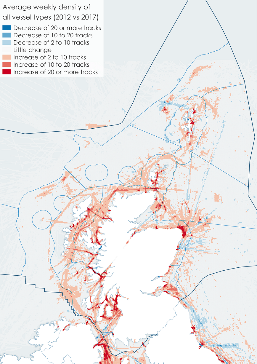 Figure f: Differences between average weekly density of all vessel types in 2012 and 2017. Source: MCA / MMO.