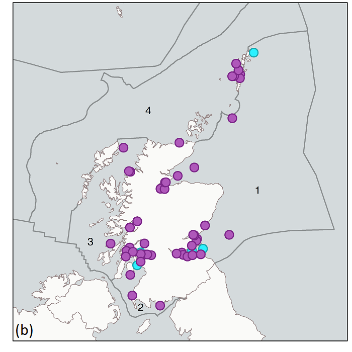 Figure 2b: Monitoring stations used to assess heavy metal (Cd, Hg and Pb) concentrations in biota (shellfish and fish) per biogeographic region 