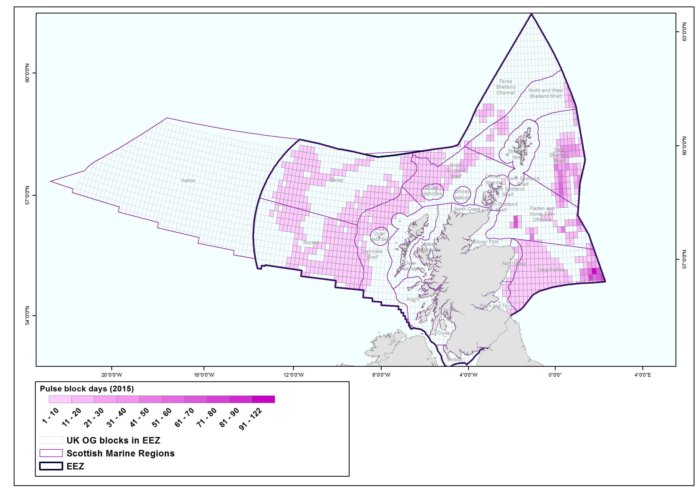 Figure 2: Distribution of pulse block days in each oil and gas licensing block in 2015