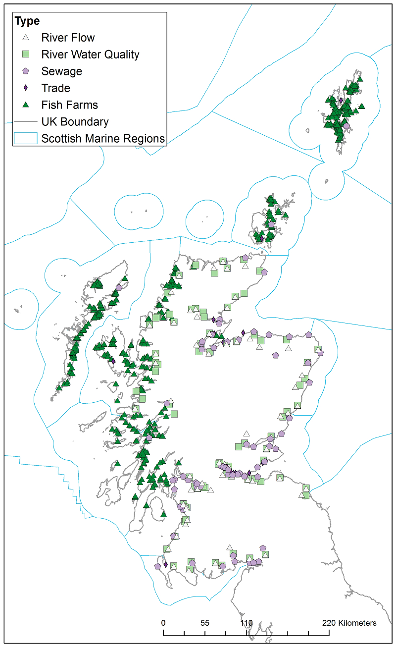 Figure b: OSPAR RID monitoring locations and marine finfish aquaculture farms in Scotland