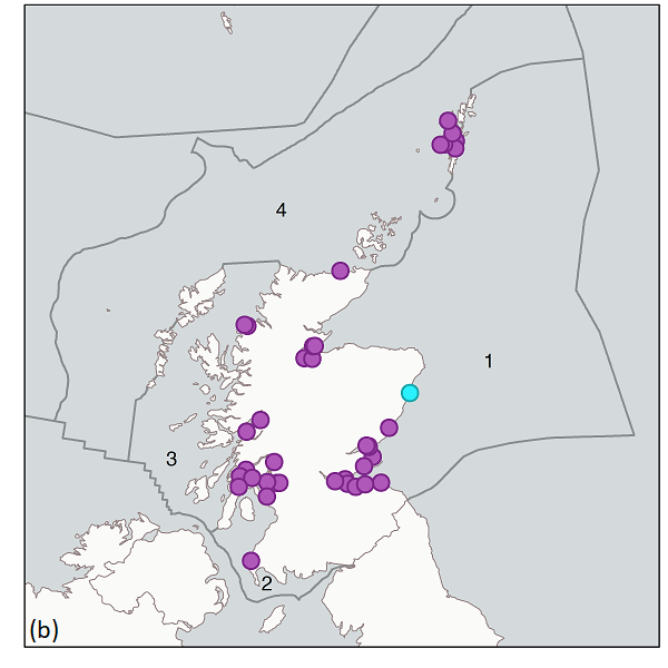 Figure 1: Monitoring stations used to assess PAH/ PYR1OHEQ concentrations in shellfish