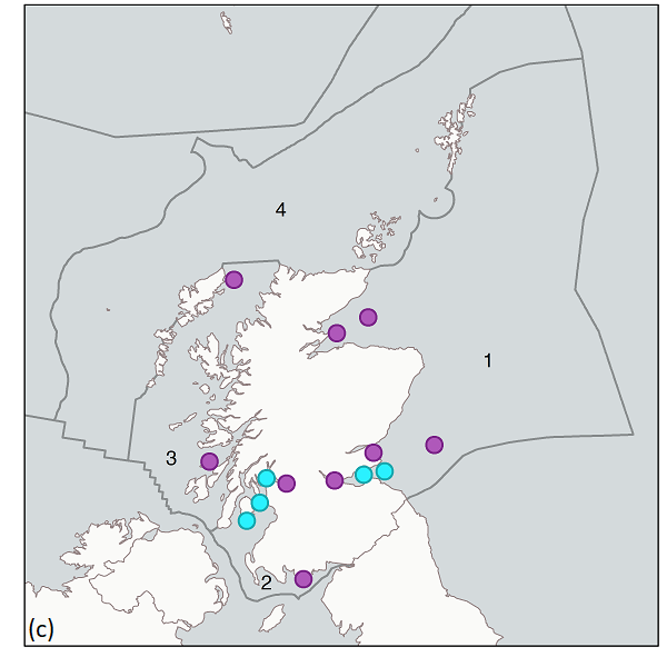 Figure 1: Monitoring stations used to assess PAH/ PYR1OHEQ concentrations in fish