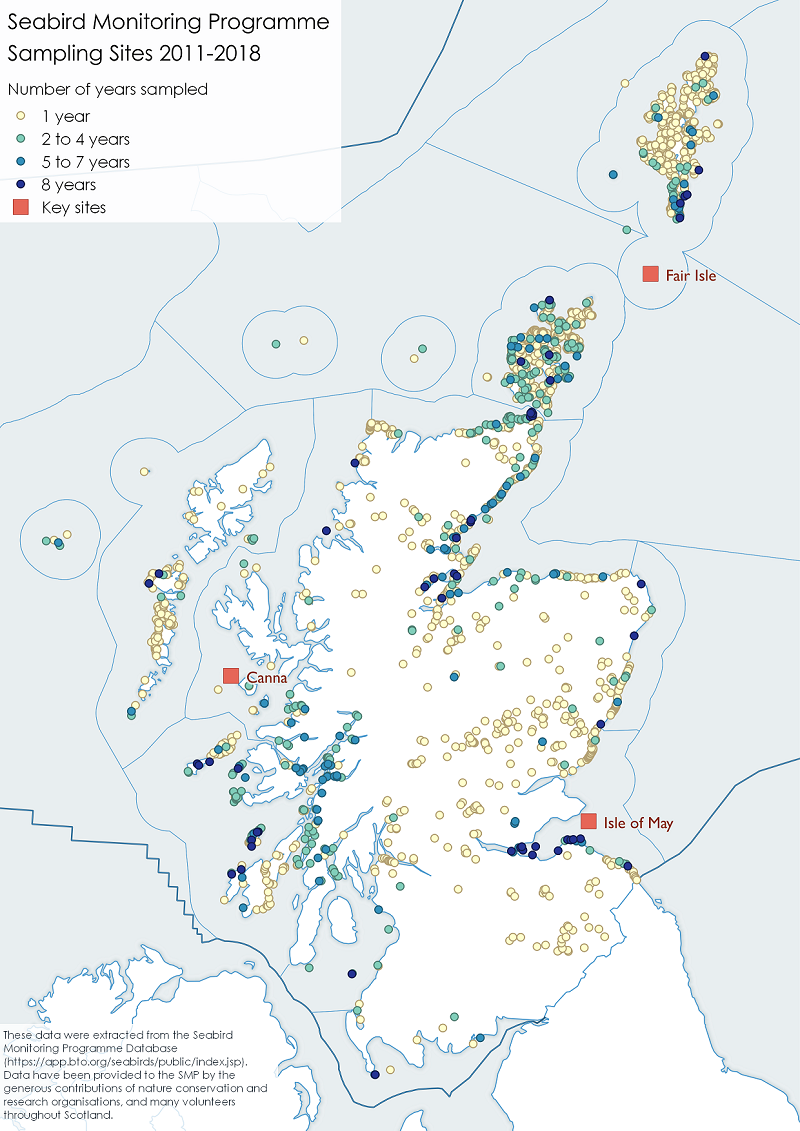 Location of SMP sample sites 2011 - 2018 and SMP key-site seabird colonies in Scotland, showing Scottish Marine Regions (SMRs) and Offshore Marine Regions (OMRs).