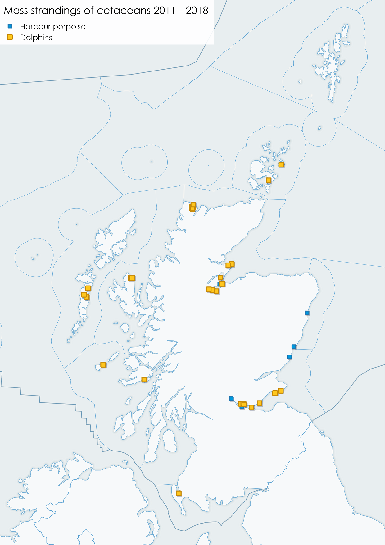 Figure 7: Mass strandings of cetaceans around the Scottish coastline 2011 to 2018 showing Scottish and Offshore Marine Regions. Source: SMASS