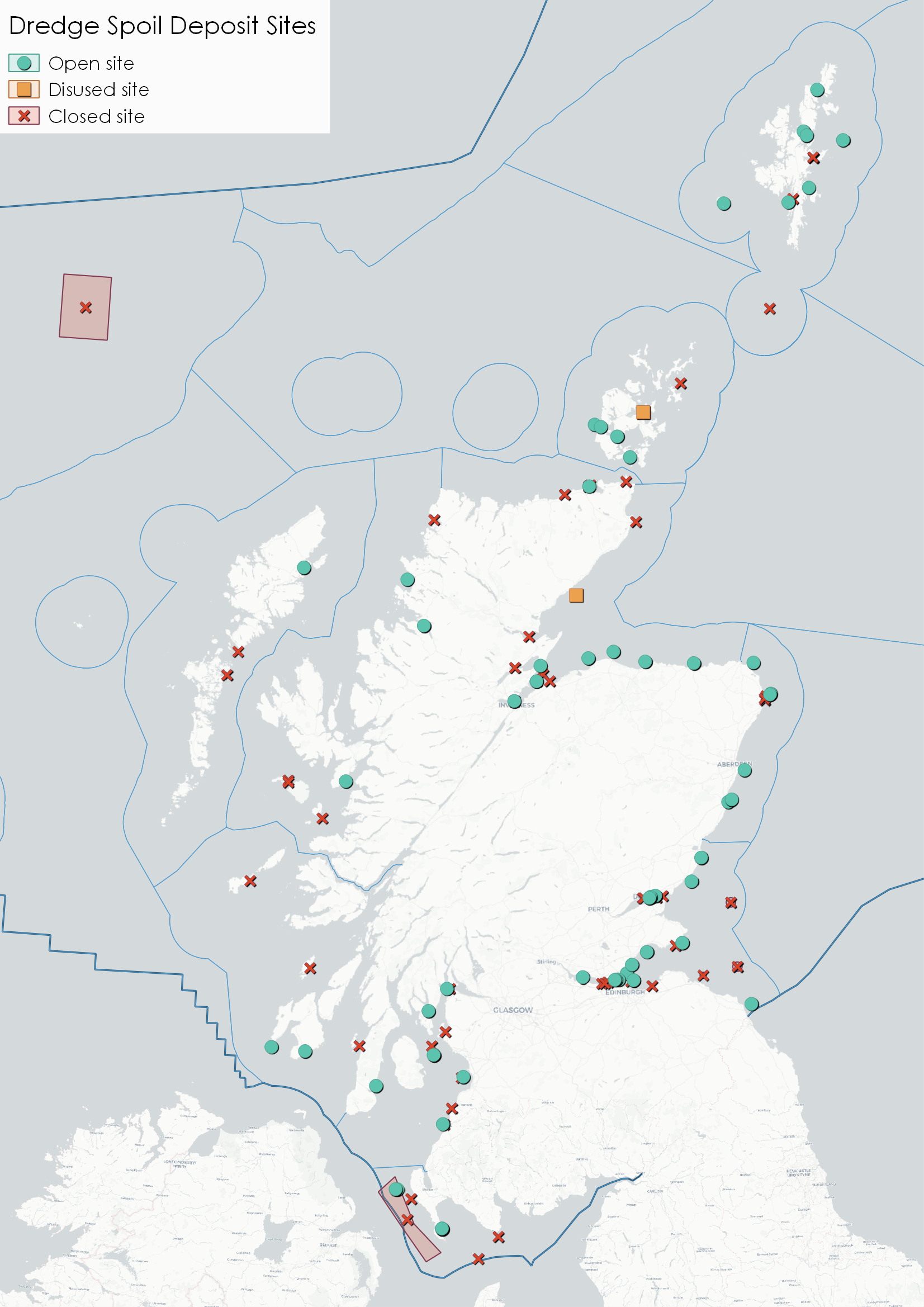 Figure 2: Map of open, closed and disused disposal sites. Source: Marine Scotland.