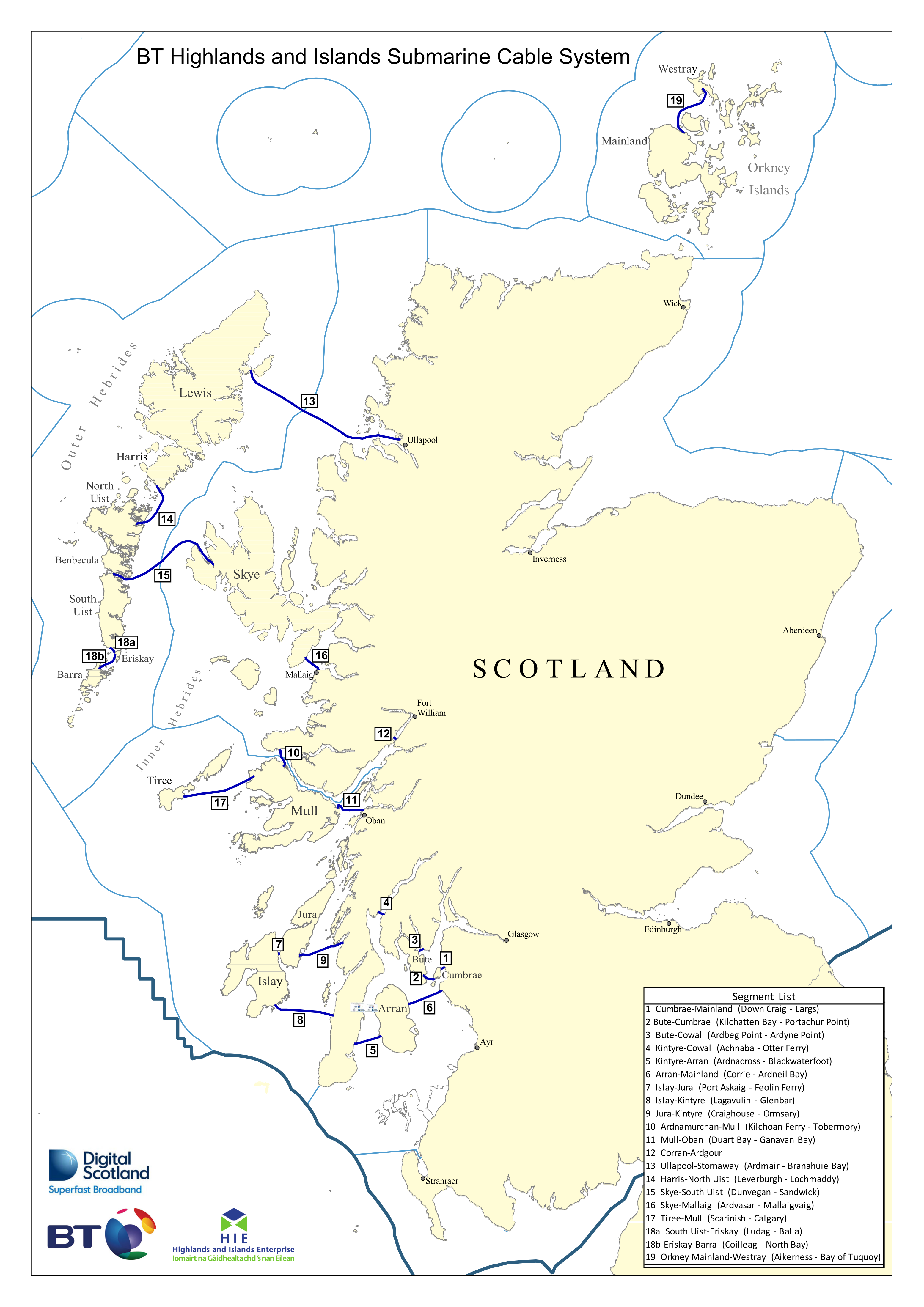 Figure a: Openreach Highlands and Islands subsea cable system installed as part of the DSSB programme. Source: BT Group/ Openreach, DSSB, HIE, 2018 (Analysis Mason (2019)).