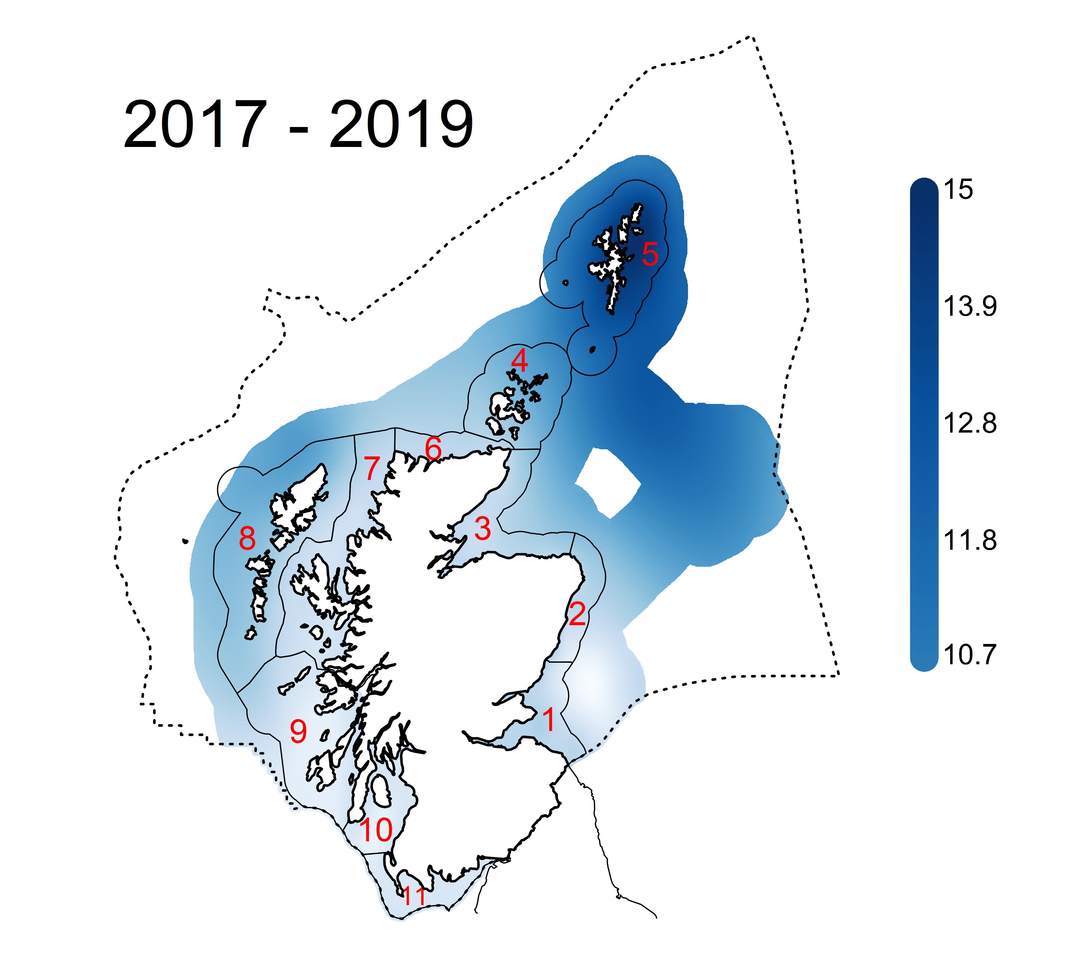 Figure k: Summary plot of predicted N/P ratios for winters 2007-2019 along with the predicted trend assessment for the time series (2007-2019).