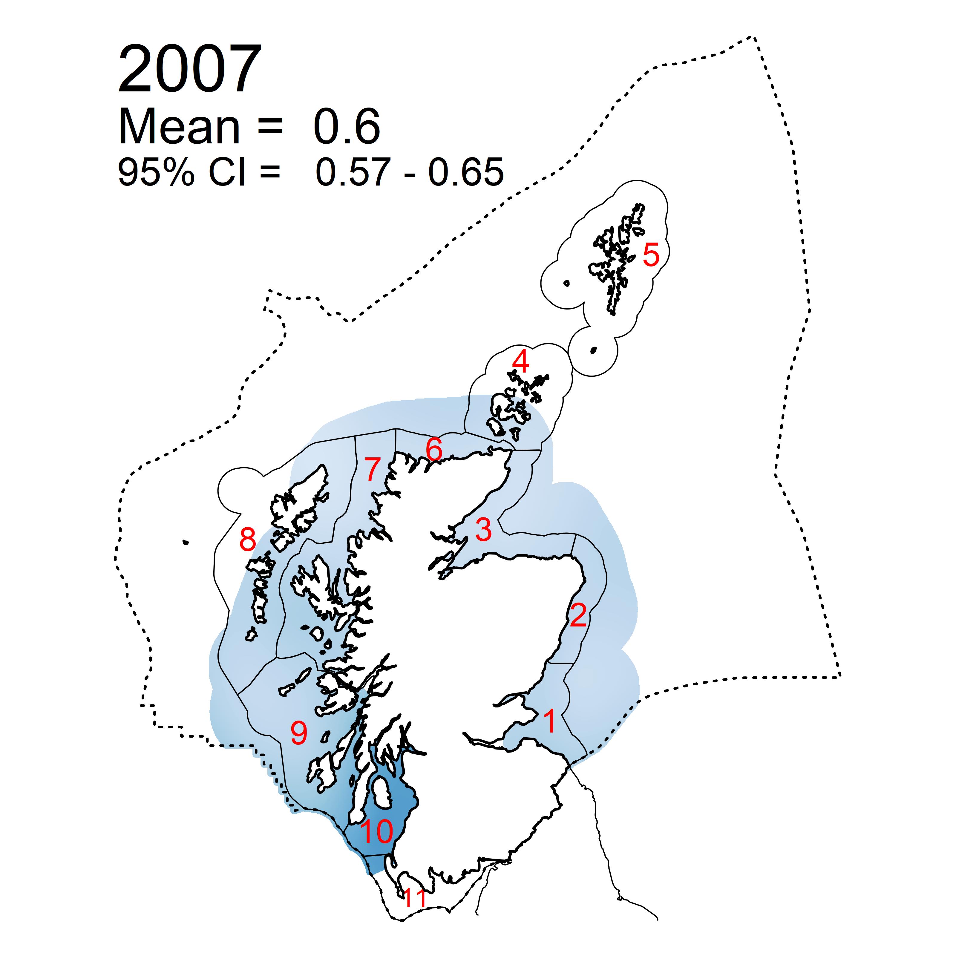 Figure f: Mean predicted Dissolved Inorganic Phosphorous (DIP) in winter periods 20/07 – 2019 collected as part of the CSEMP annual monitoring cruise