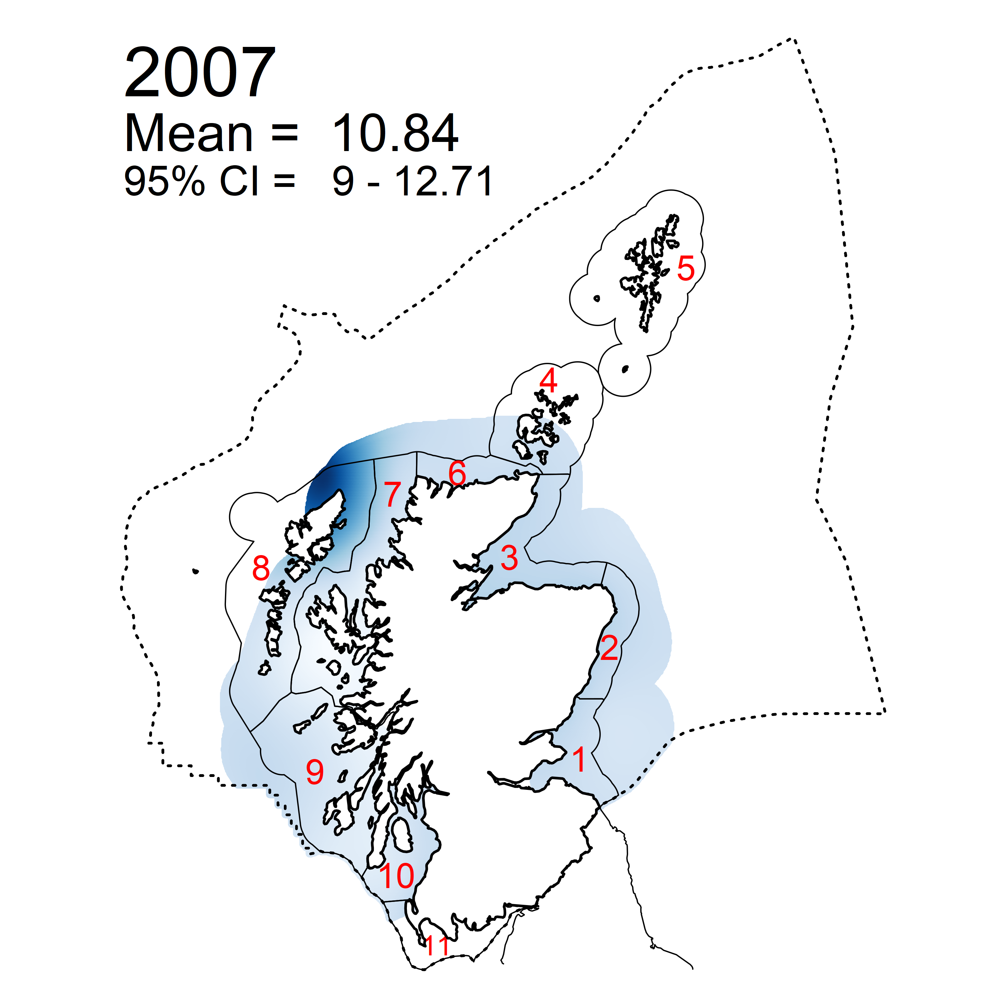 Figure l: Mean predicted N/P ratio in winter periods 2007 - 2019 collected as part of the CSEMP annual monitoring cruise.