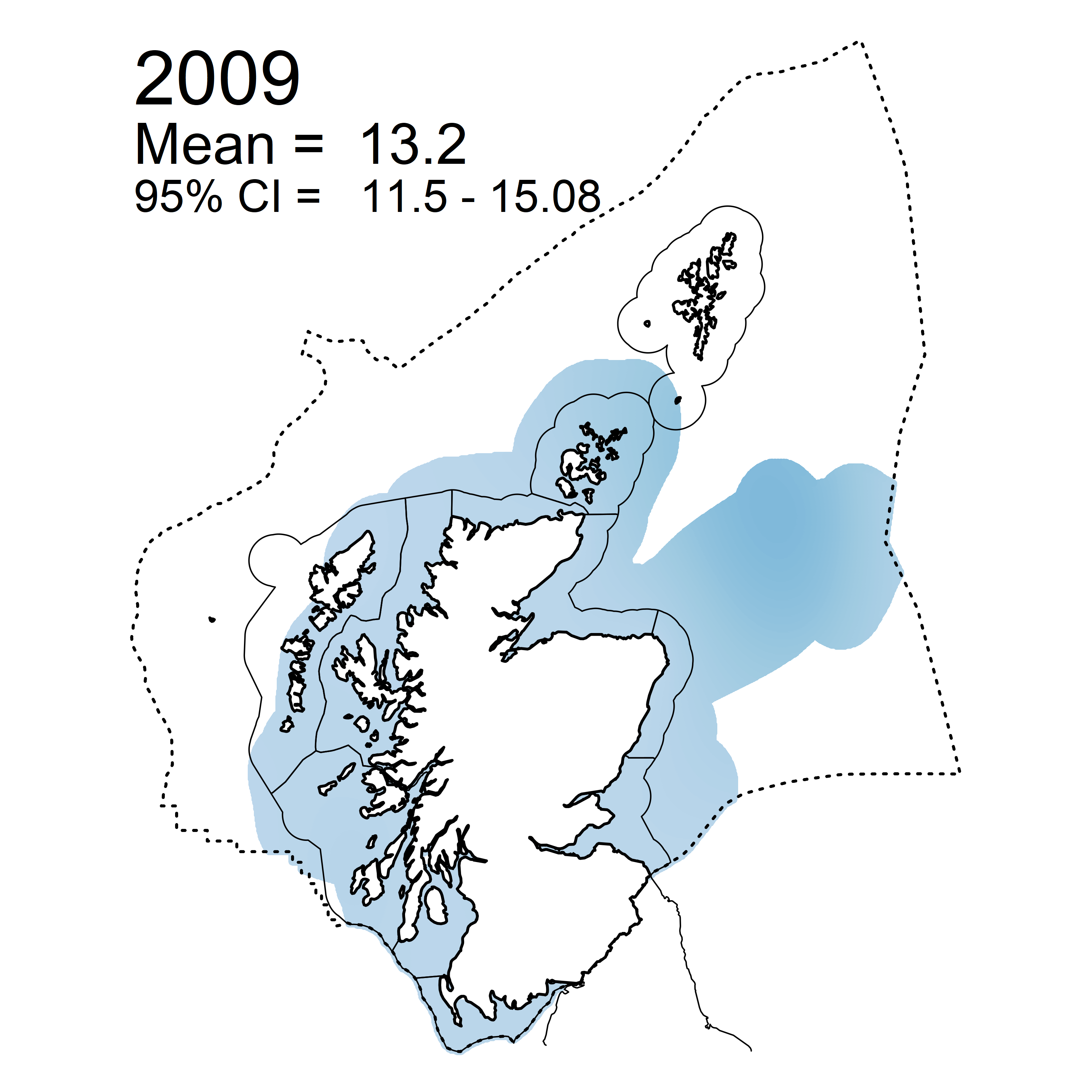 Figure l: Mean predicted N/P ratio in winter periods 2007 - 2019 collected as part of the CSEMP annual monitoring cruise.