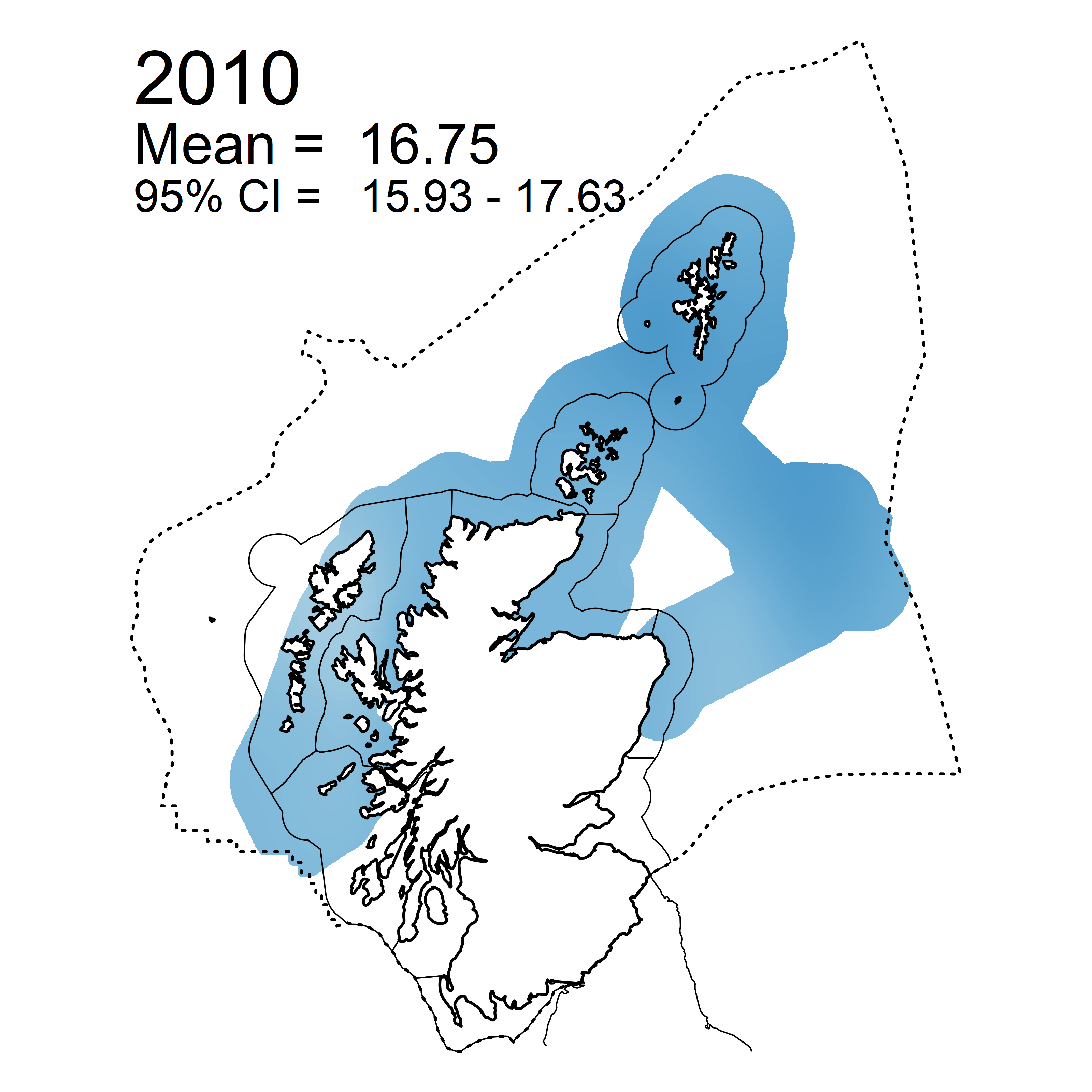 Figure l: Mean predicted N/P ratio in winter periods 2007 - 2019 collected as part of the CSEMP annual monitoring cruise.