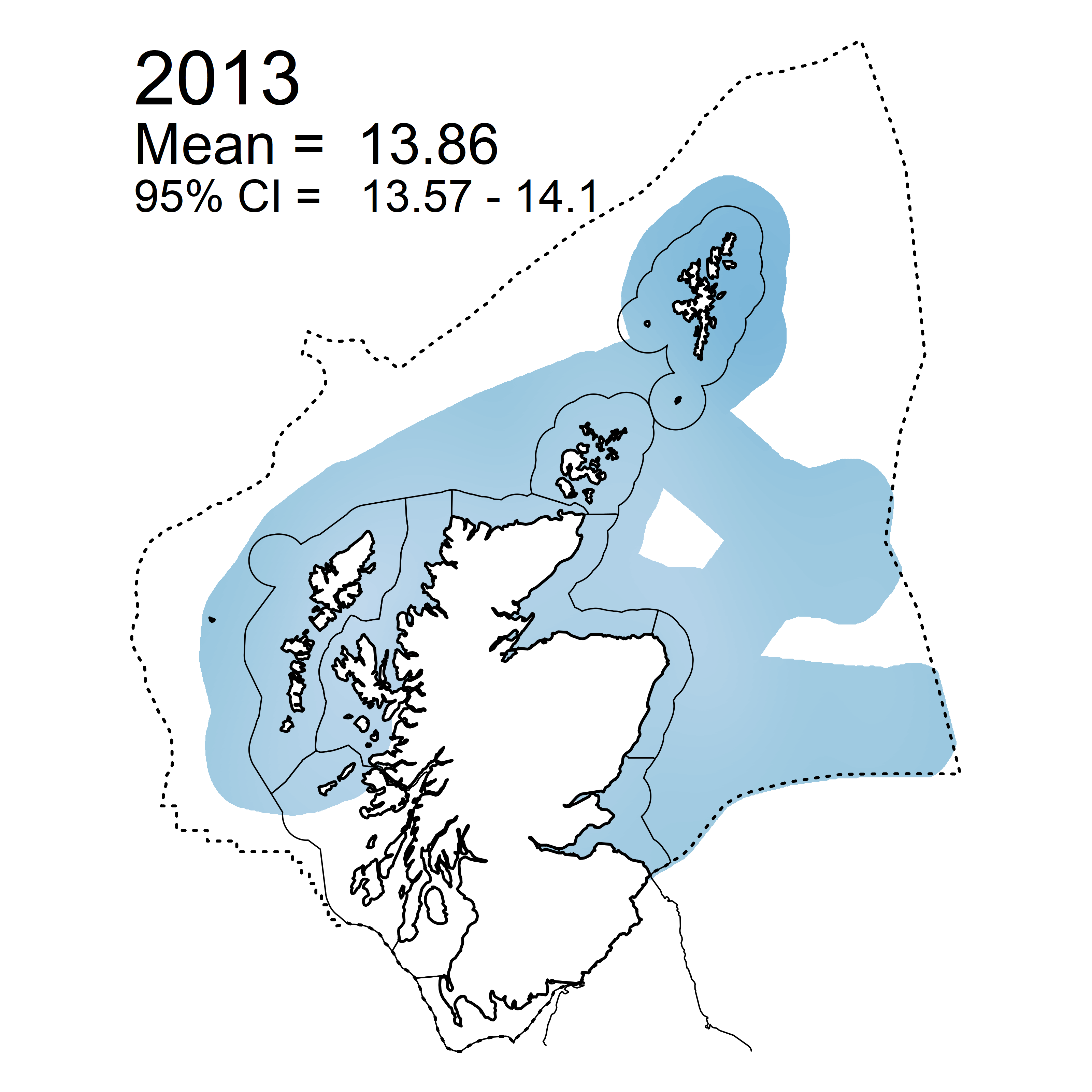 Figure l: Mean predicted N/P ratio in winter periods 2007 - 2019 collected as part of the CSEMP annual monitoring cruise.