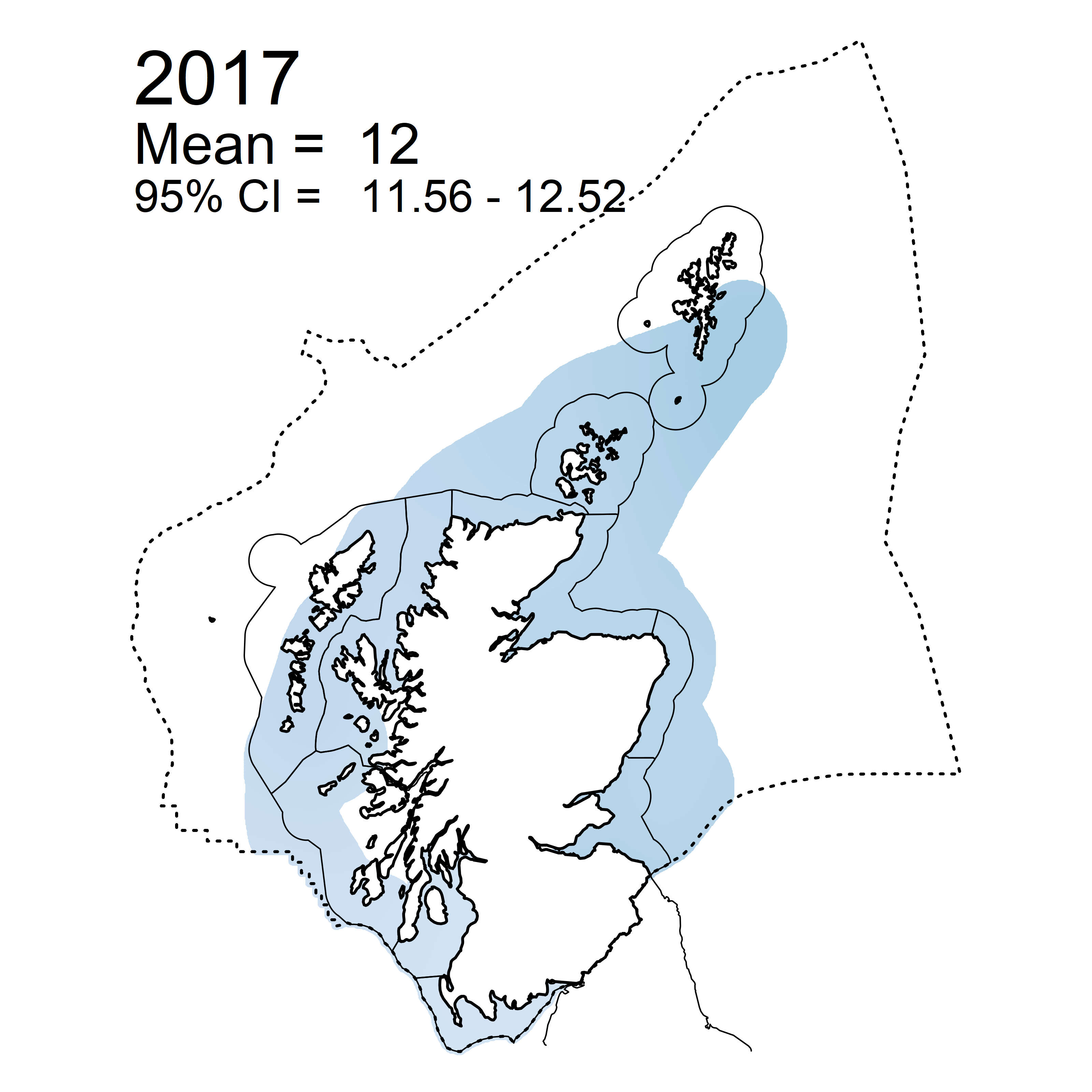 Figure l: Mean predicted N/P ratio in winter periods 2007 - 2019 collected as part of the CSEMP annual monitoring cruise.