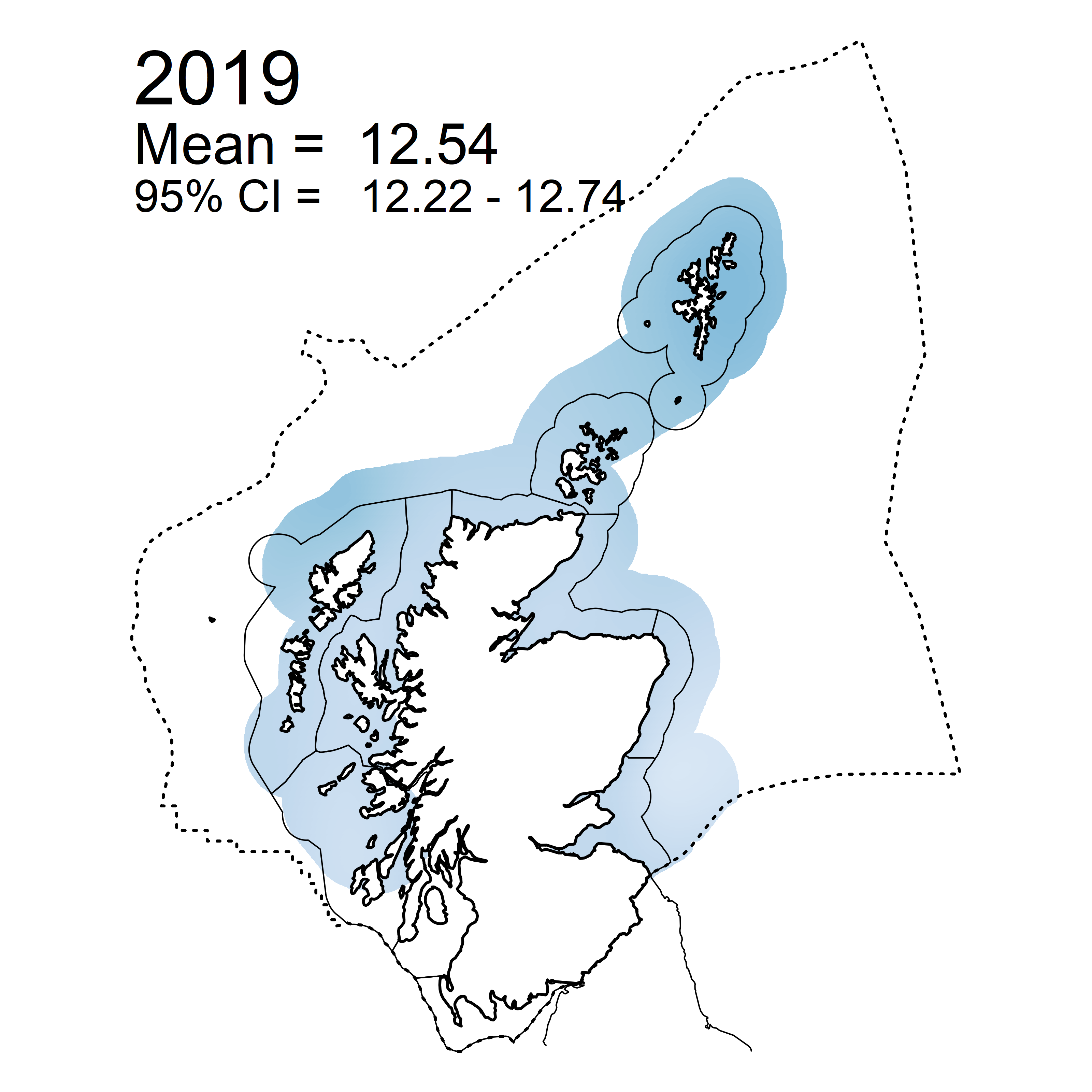 Figure l: Mean predicted N/P ratio in winter periods 2007 - 2019 collected as part of the CSEMP annual monitoring cruise.