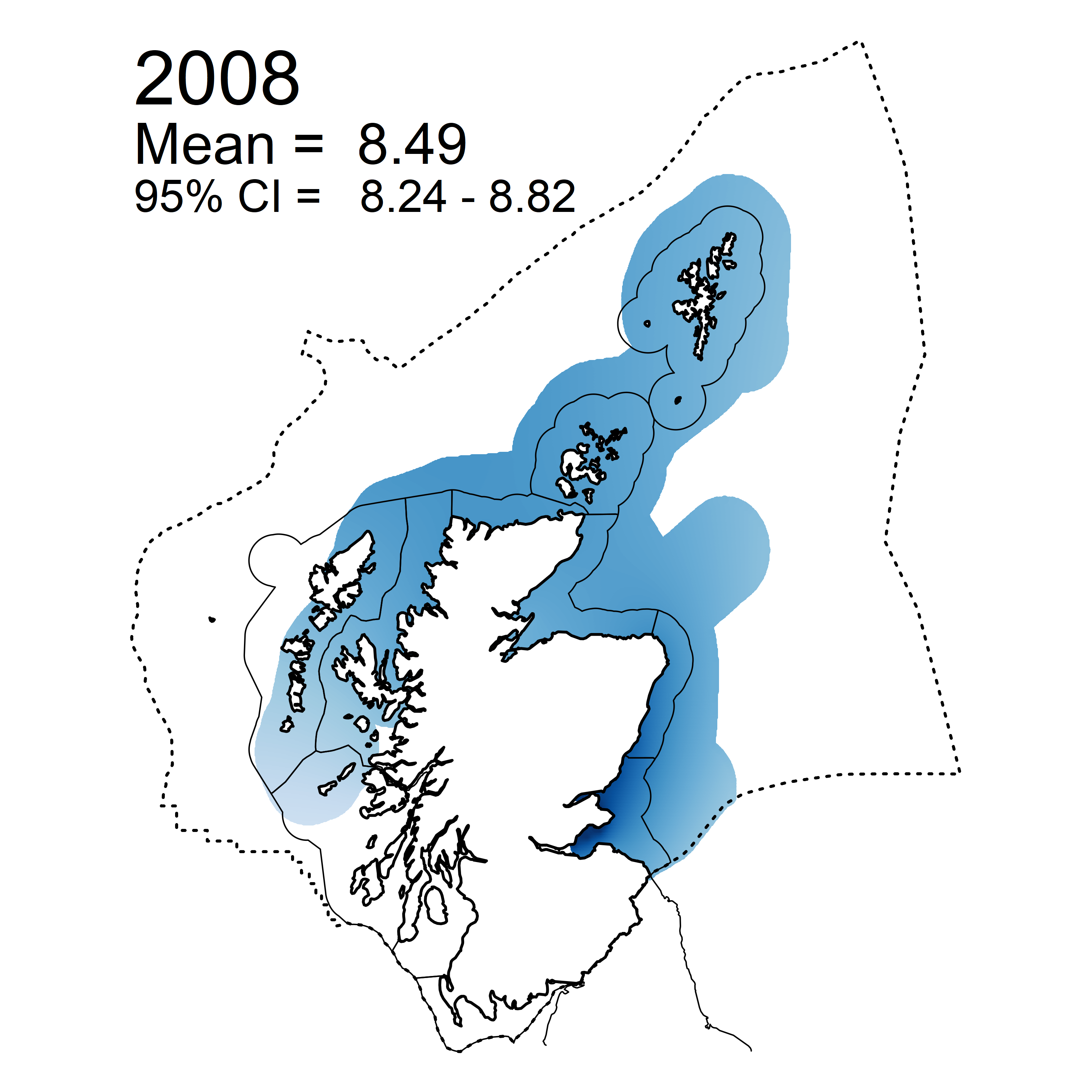 Figure c: Mean predicted salinity normalised TOxN concentrations (µM) for winter periods 2007 - 2019 collected as part of the CSEMP annual monitoring cruise.