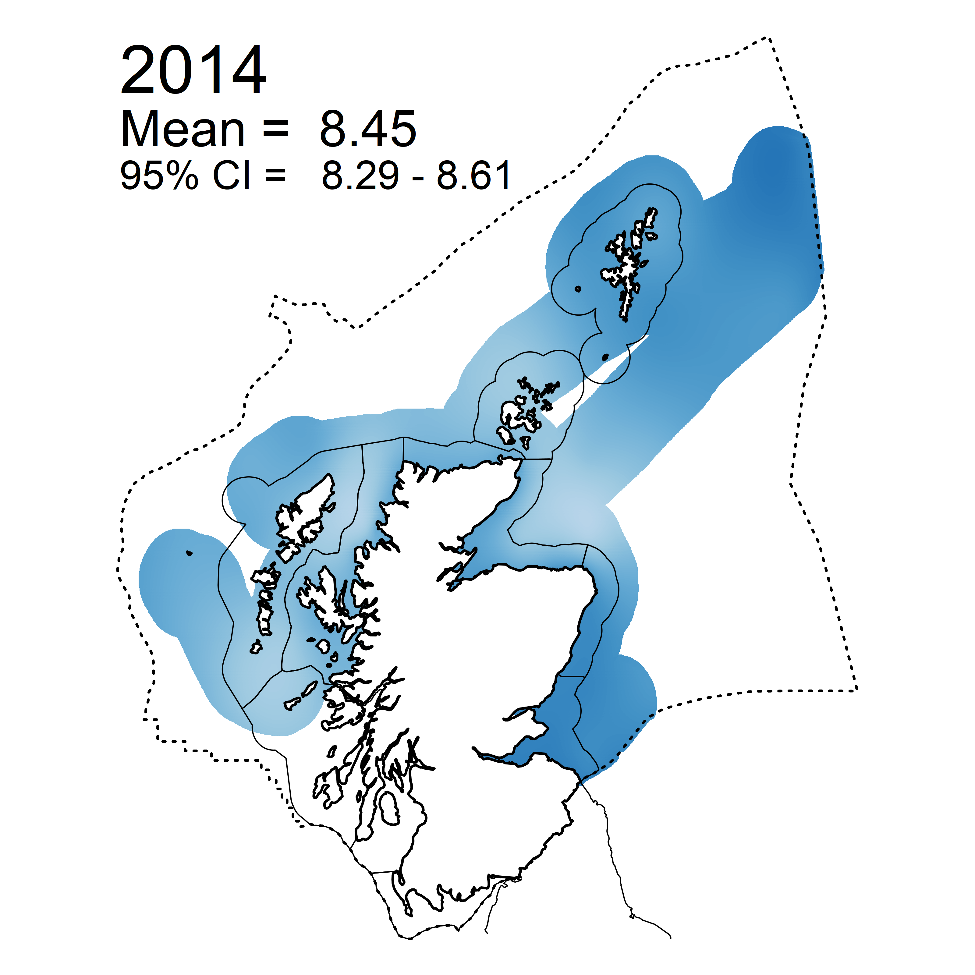 Figure c: Mean predicted salinity normalised TOxN concentrations (µM) for winter periods 2007 - 2019 collected as part of the CSEMP annual monitoring cruise.